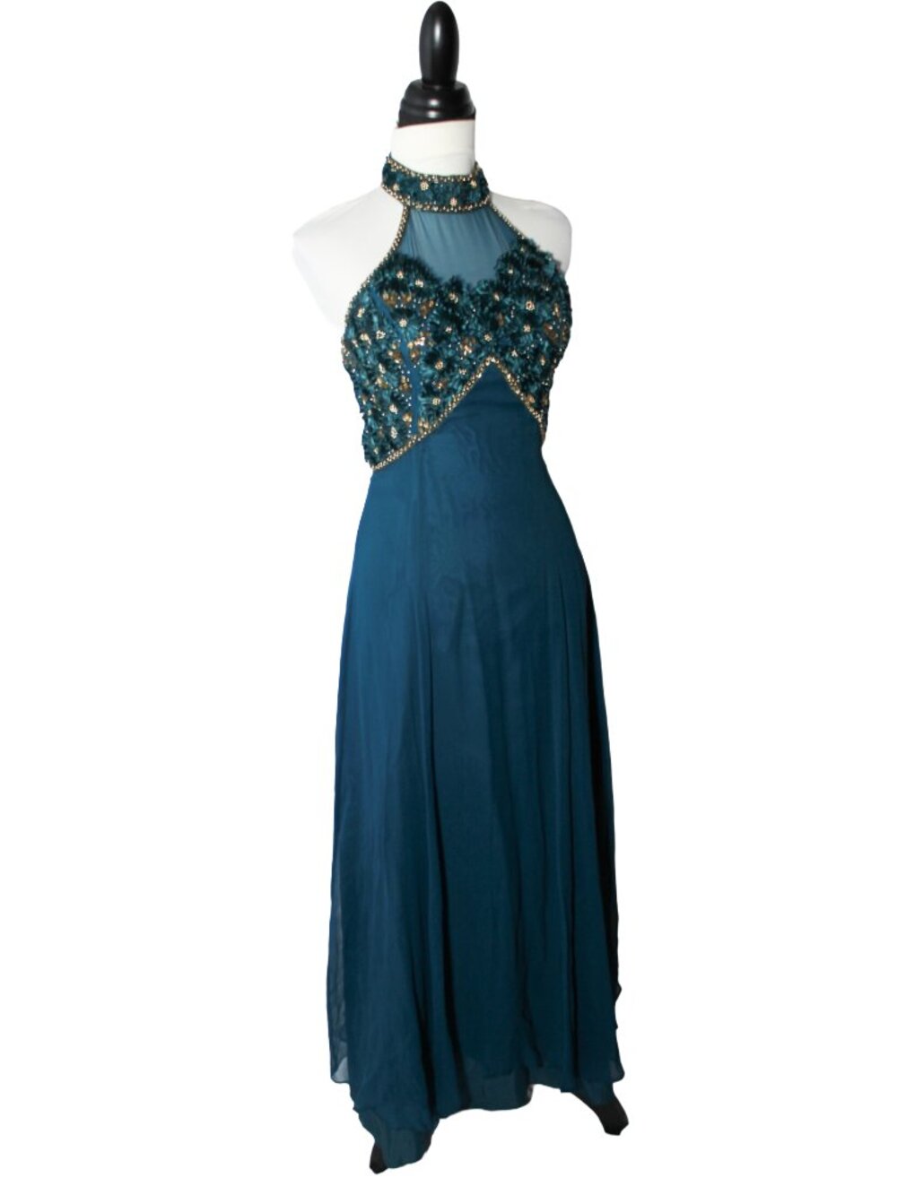 Vintage 90s Teal Silk Rayon Beaded Choker Maxi Gown Modern Size 4